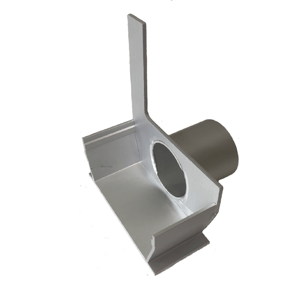 Caniveau en aluminium avec fente latérale, bouchon de 2 cm avec sortie dia 50mm à droite